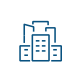 Blue line icon of a building, representing architecture and construction.